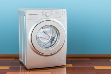 Modern washing machine in room on the wooden floor, 3D rendering - obrazy, fototapety, plakaty