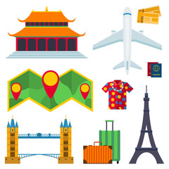 Travel vector icons flat tourism vacation place tourist attractions travelers illustration.