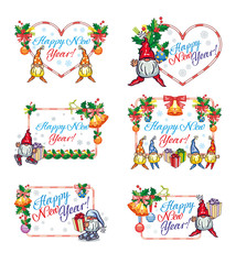 Set of New Year labels with  funny gnomes and greeting text 