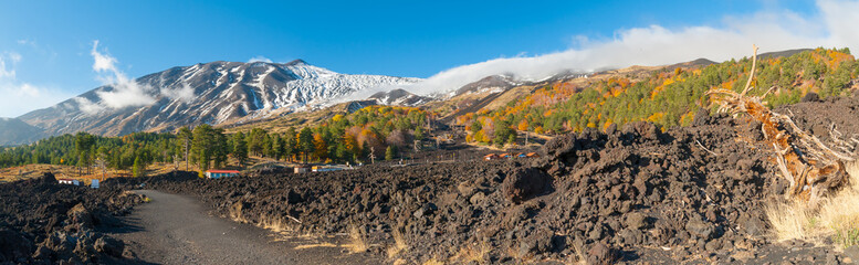 Panoramic view of northern side of Mount Etna, Sicily, with a pine and beech wood and a lavic path