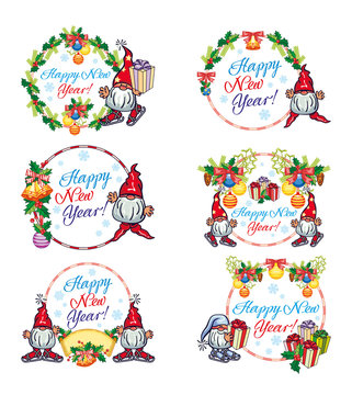 Set of New Year labels with  funny gnomes and greeting text "Happy New Year!".