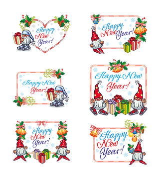 Set of New Year labels with  funny gnomes and greeting text "Happy New Year!".
