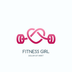 Female fitness gym concept. Vector logo, label, icon or emblem with pink barbell heart shape. Design for woman sports club, workout and bodybuilding. - 182769849