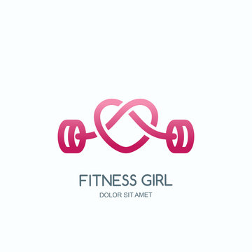 Female fitness gym concept. Vector logo, label, icon or emblem with pink barbell heart shape. Design for woman sports club, workout and bodybuilding.