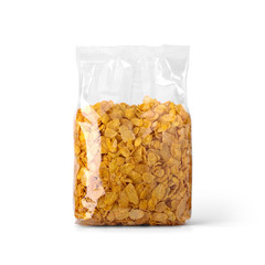 Corn flakes in transparent plastic bag isolated on white background. Packaging template mockup...
