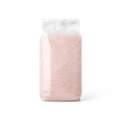 Pink salt in transparent plastic bag isolated on white background. Packaging template mockup...