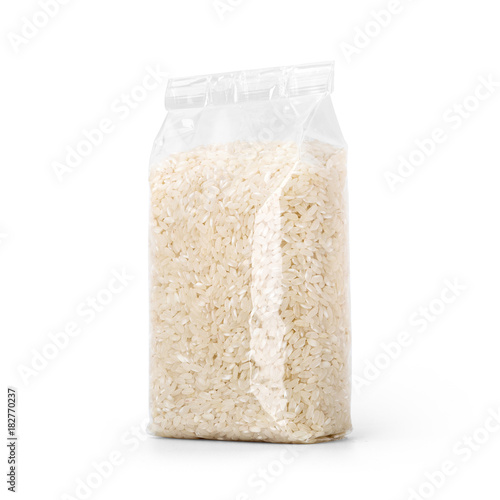 Download "Rice in transparent plastic bag isolated on white background. Packaging template mockup ...
