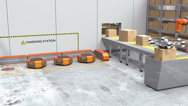 Modern warehouse equipped with robotic arm, drone and robot carriers. Modern delivery center concept. 3D rendering animation.