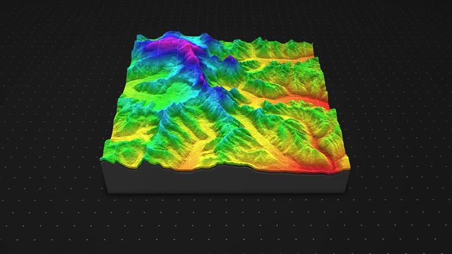 3d render of a soil slice, mountains isolated on dark background. cross section of ground relief with mountains and meadows.	
