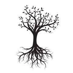 Black Tree with Roots. Vector Illustration.