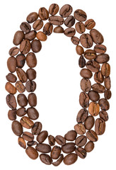Arabic numeral 0, zero, from coffee beans, isolated on white background