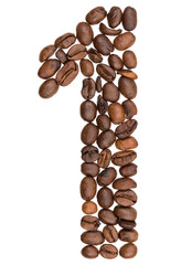Arabic numeral 1, one, from coffee beans, isolated on white background