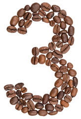 Arabic numeral 3, three, from coffee beans, isolated on white background