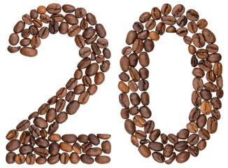 Arabic numeral 20, twenty, from coffee beans, isolated on white background