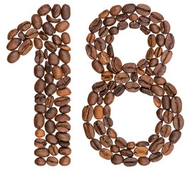 Arabic numeral 18, eighteen, from coffee beans, isolated on white background