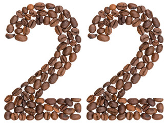 Arabic numeral 22, twenty two, from coffee beans, isolated on white background