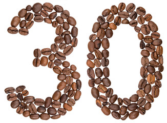 Arabic numeral 30, thirty, from coffee beans, isolated on white background