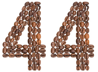 Arabic numeral 44, forty four, from coffee beans, isolated on white background