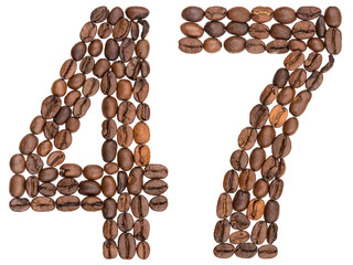Arabic numeral 47, forty seven, from coffee beans, isolated on white background