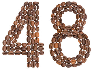 Arabic numeral 48, forty eight, from coffee beans, isolated on white background