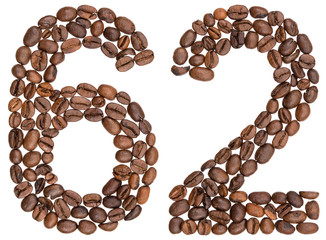 Arabic numeral 62, sixty two, from coffee beans, isolated on white background