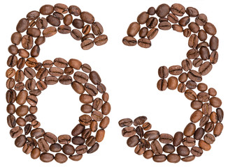 Arabic numeral 63, sixty three, from coffee beans, isolated on white background