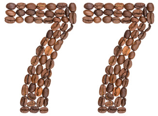 Arabic numeral 77, seventy seven, from coffee beans, isolated on white background
