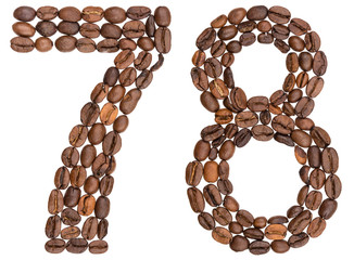 Arabic numeral 78, seventy eight, from coffee beans, isolated on white background