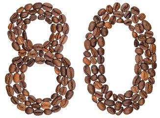 Arabic numeral 80, eighty, from coffee beans, isolated on white background
