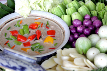 stew mackerel with coconut milk dip with fresh vegatables
