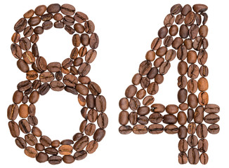 Arabic numeral 84, eighty four, from coffee beans, isolated on white background