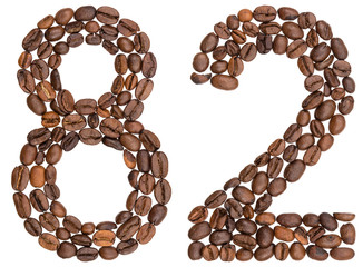 Arabic numeral 82, eighty two, from coffee beans, isolated on white background