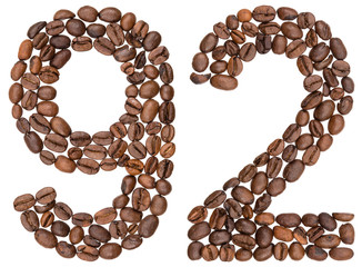 Arabic numeral 92, ninety two, from coffee beans, isolated on white background
