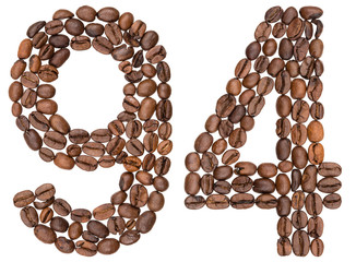 Arabic numeral 94, ninety four, from coffee beans, isolated on white background