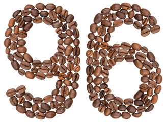 Arabic numeral 96, ninety six, from coffee beans, isolated on white background