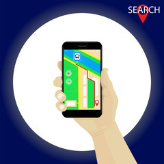 Hand holding smartphone with gps navigation map and route. Red marker.  Bus stop.