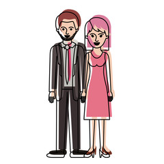 couple in watercolor silhouette and him with suit and tie and pants and shoes with short hair and stubble beard and her with dress and heel shoes with mid length hair vector illustration