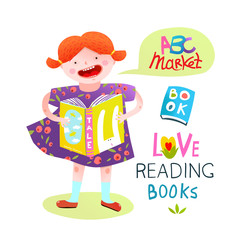 Colorful cartoon for kids of a girl holding book in dress. Vector illustration. 