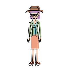 woman with hat and glasses and blouse with jacket and skirt and heel shoes with mushroom hairstyle in watercolor silhouette vector illustration