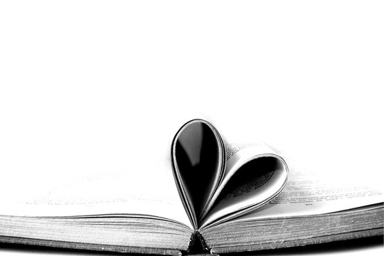 Romantic book pages shaped heart with white empty background. Love card template copyspace design isolated on white.