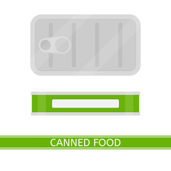 Obraz premium Vector illustration of canned food isolated on white background. Tin can with blank label in flat style.