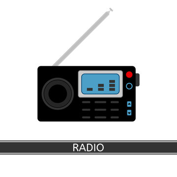 Vector illustration of emergency radio isolated on white background. Portable digital camping radio with weather alert in flat style.