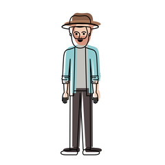 man with hat and jacket and pants and shoes with short hair and beard in watercolor silhouette vector illustration