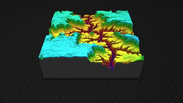 3d render of a soil slice, mountains isolated on dark background. cross section of ground relief with mountains and meadows.	