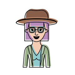 woman half body with hat and glasses and blouse with jacket with mushroom hairstyle in watercolor silhouette vector illustration