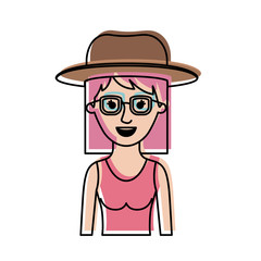 woman half body with hat and glasses and dress with mid length hair in watercolor silhouette vector illustration