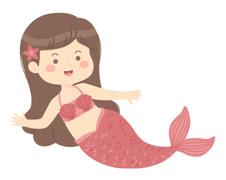 Cute Mermaid Girl princess red vector illustration cartoon character design isolated on white background.