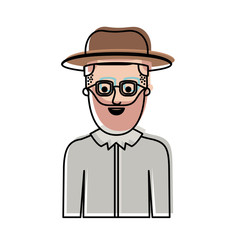 man half body with hat and glasses and shirt with short hair and beard in watercolor silhouette vector illustration