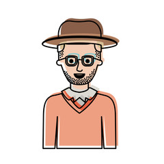 man half body with hat and glasses and sweater with short hair and stubble beard in watercolor silhouette vector illustration