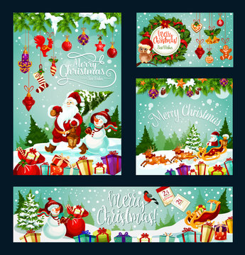 Christmas holiday card of Santa, gift and snowman